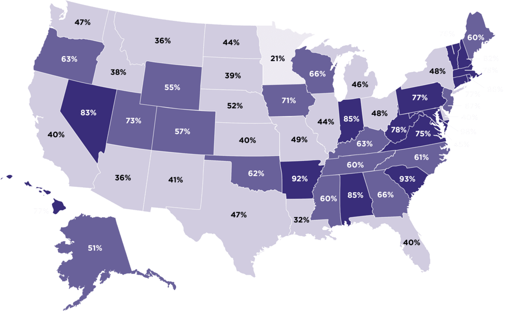 Heat map percentage of high schools offering at least one foundational computer science course in each US state. Raw data available for download at advocacy.code.org/StateOfCS